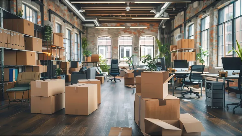Open-plan office with scattered cardboard boxes and packing supplies, doctors desks and chairs, and exposed brick walls.